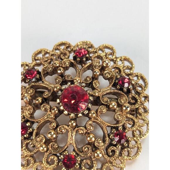 Lacey Goldtone Round Flower w Ruby Red Rhinestone Brooch Pin Earring Set J Jill - Picture 11 of 13